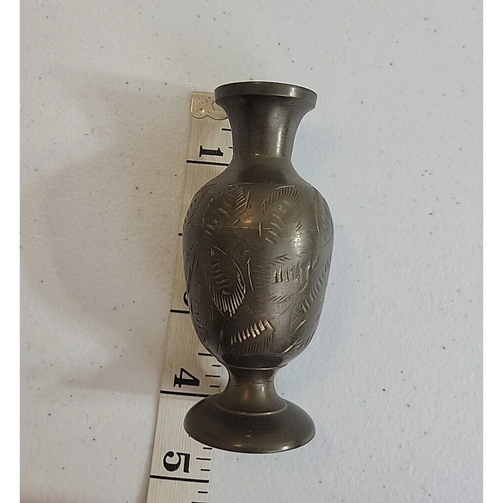 Vintage Sarna Brass Bud Vase Etched Leaf Boho Farmhouse Decor India 4.5